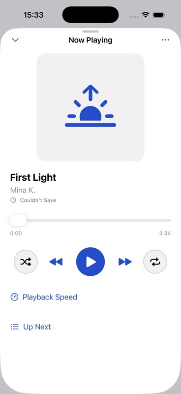 OtoShelf Now Playing screen showing a track title, progress, shuffle, previous, play and pause, next, repeat, and queue controls.