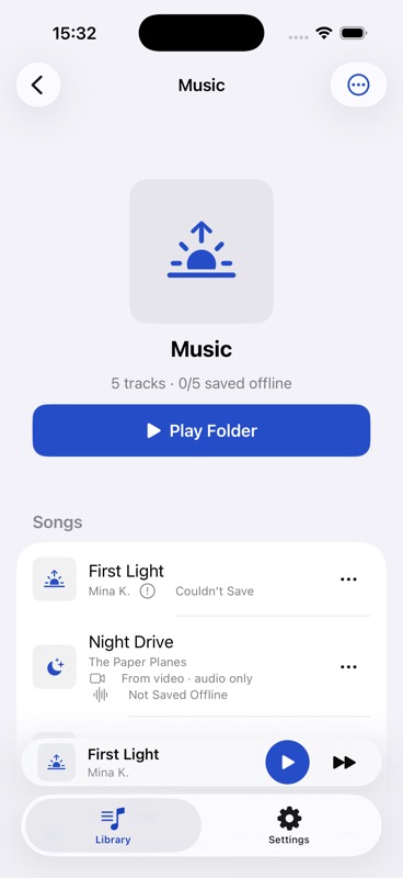 English Simulator development build screen showing an album detail view with artwork, track metadata, offline status, and a Play Folder button.